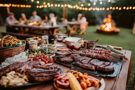 A lively outdoor get-together features a delicious braai (African BBQ) with grilled meats, vibrant sides, and glowing string lights creating a warm ambiance.