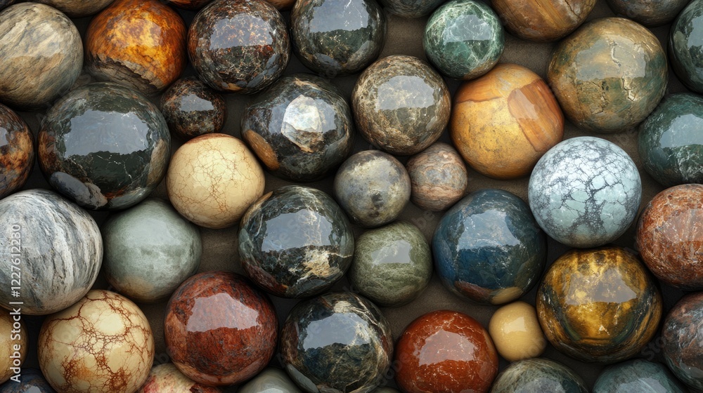Poster colorful spherical stones representing industrial mineral mining with unique patterns and textures s