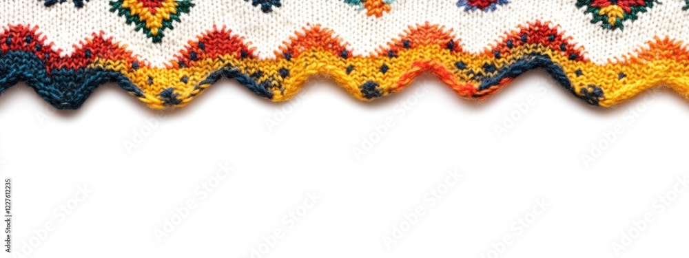 Poster hand knitted fair isle wool design with colorful patterns and white background for text insertion
