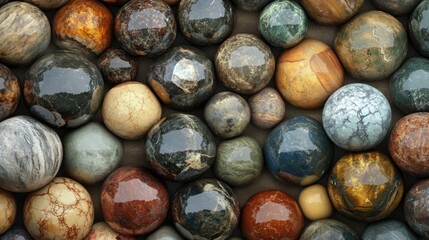 Obraz premium Colorful spherical stones representing industrial mineral mining with unique patterns and textures suitable for various design projects.