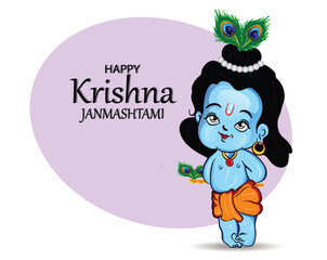 Illustration of happy Janmashtami Lord Krishna in Janmashtami festival of India with hindi calligra.
