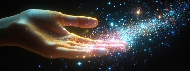 Hand Reaching Out to Sparkling Digital Holographic Network with Space for Text and Creative Ideas