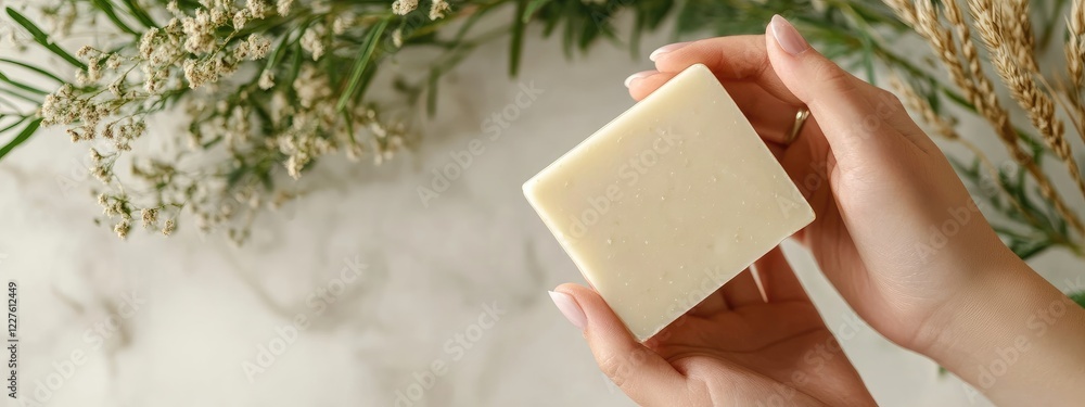Poster eco-friendly soap bar held by hands with natural elements in background and ample empty space for cu