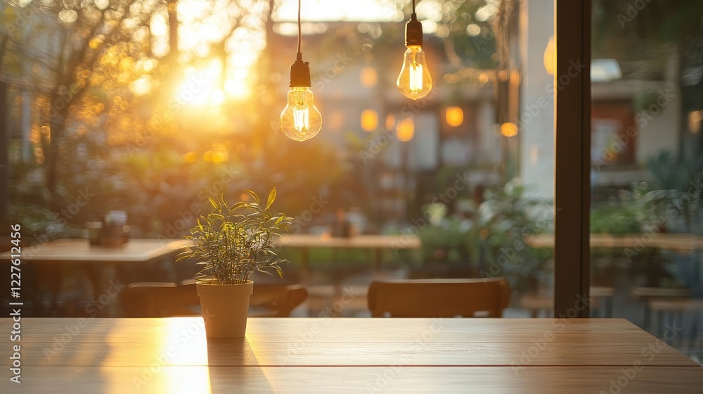 Aufkleber glowing coffee shop ambiance with morning light creating a warm inviting atmosphere and empty space 