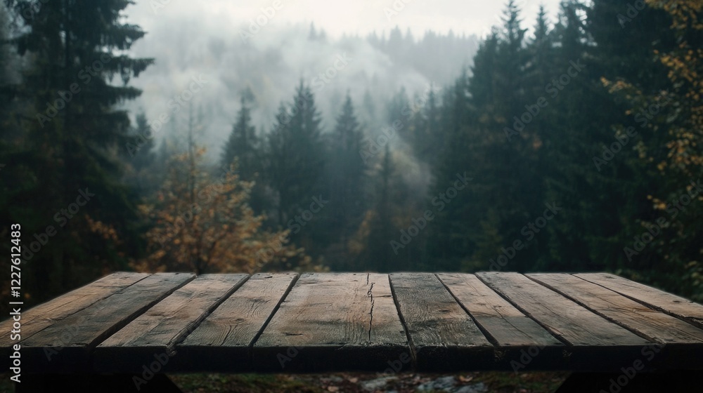 Poster wooden table in foggy forest landscape creating a serene backdrop with ample space for text or promo