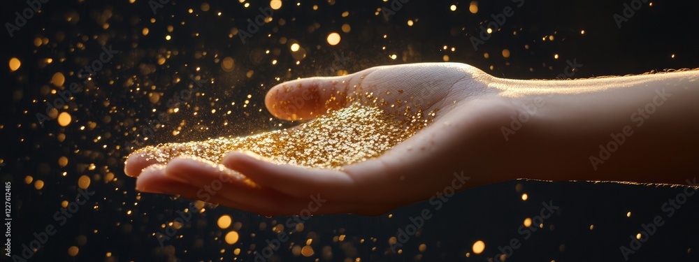 Poster hand holding sparkling gold particles against a dark background with copy space for text and creativ