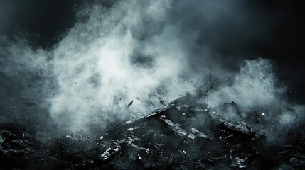 Fototapeta premium Sinister atmosphere of smoldering debris enveloped in eerie mist on a dark night creating a scene of horror and desolation