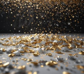 Obraz premium Glittering snowflakes gently falling onto a bed of shimmering silver and gold confetti , holiday, snowflakes