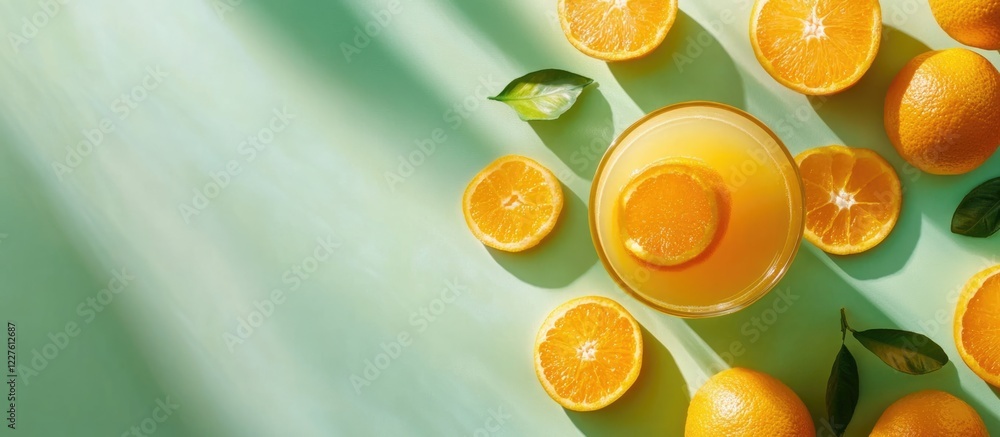 Poster freshly squeezed orange juice in a glass surrounded by whole oranges and slices on a vibrant green b