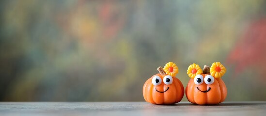 Halloween Pumpkins with Decorative Faces and Candy Corn on Colorful Background with Space for Text or Message