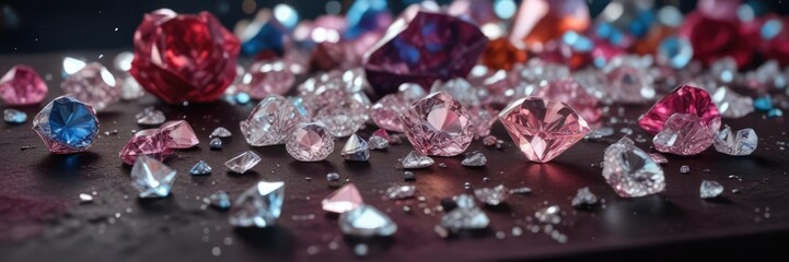 Glittering diamonds and crystals scattered on a velvet-covered table , Sparkling, Opulent