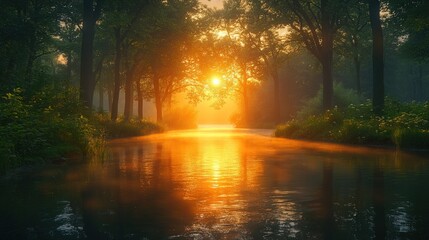 Obraz premium Golden Sunset Glowing Through Misty Forest Trees Over Calm River Water Surface with Reflections in Serene Natural Landscape