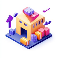 Fototapeta premium Colorful 3D Warehouse Illustration with Delivery Trucks and Packages in a Modern Style