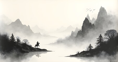 Quiet mountain lake ink painting