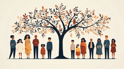 Illustration of a family tree with branches labeled diverse families Stock Photo with side copy space