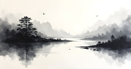Quiet mountain lake ink painting