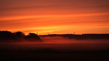 Obraz premium Wind turbine silhouettes in orange sunset over misty field symbolizing renewable energy sustainability and environmental conservation.