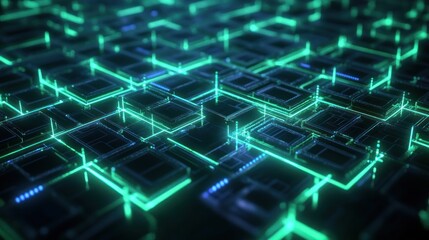 Futuristic technology grid with glowing green and blue lines and intricate circuit patterns