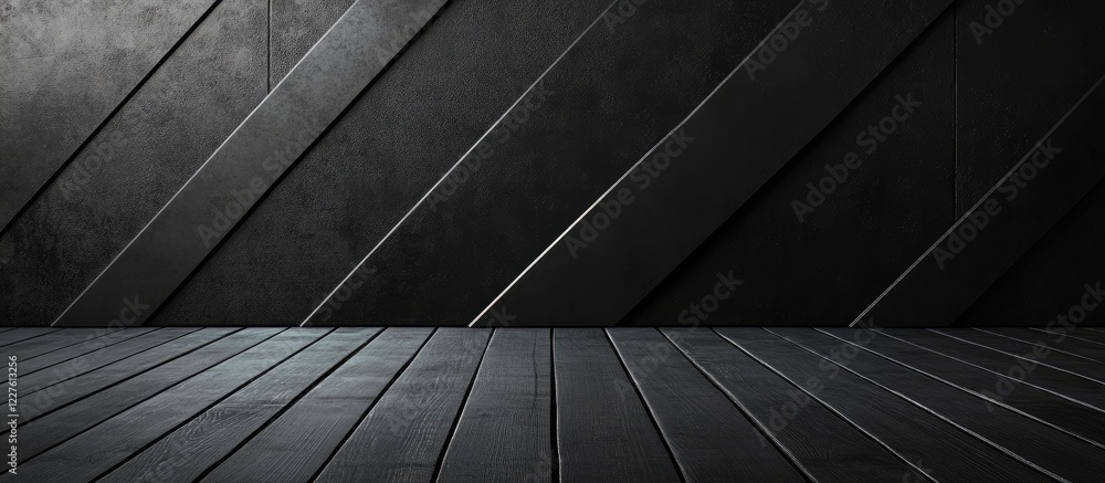 Poster abstract industrial geometric background featuring black wooden walls and floor with empty space for
