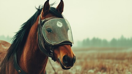 Obraz premium Horse equipped with protective face shield in a misty outdoor setting showcasing equine safety and care practices.