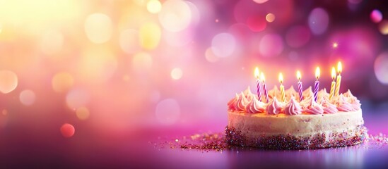 Vibrant birthday cake with glowing candles set against a festive backdrop with ample copyspace for text celebrating special occasions