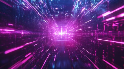 Naklejka premium Futuristic Digital Tunnel with Vibrant Light Effects Symbolizing Data Flow in Advanced Technology and IoT Environments