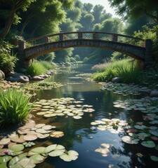 River Trebisnjica flowing beneath stone bridge with lush greenery and water lilies, calm waters, stone bridge, natural scenery