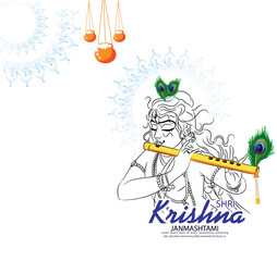 Illustration of happy Janmashtami Lord Krishna in Janmashtami festival of India with hindi calligra.