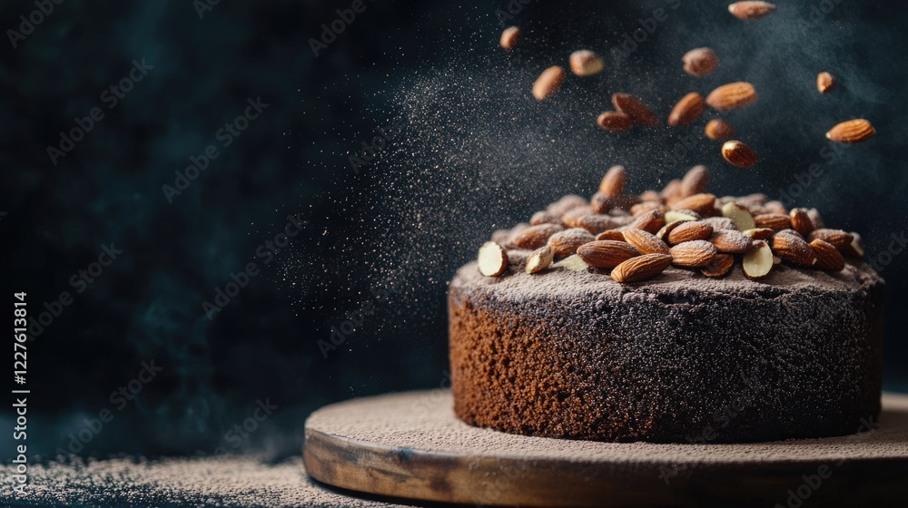 Poster chocolate cake topped with roasted almonds and cocoa dust on a dark background dreamy concept with s