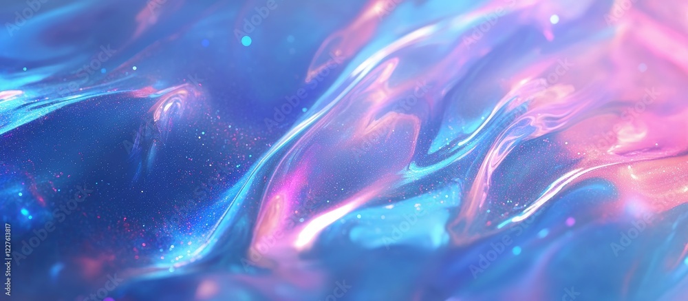 Poster ethereal holographic abstract background with vibrant bokeh sparkles and soft light waves on a cosmi