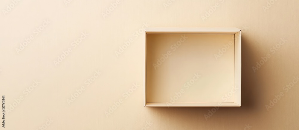 Poster empty white open box on cream background for elegant stationery presentation with ample space for cu