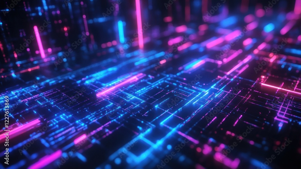 Poster futuristic tech background with grid patterns and glowing neon lines in pink and blue