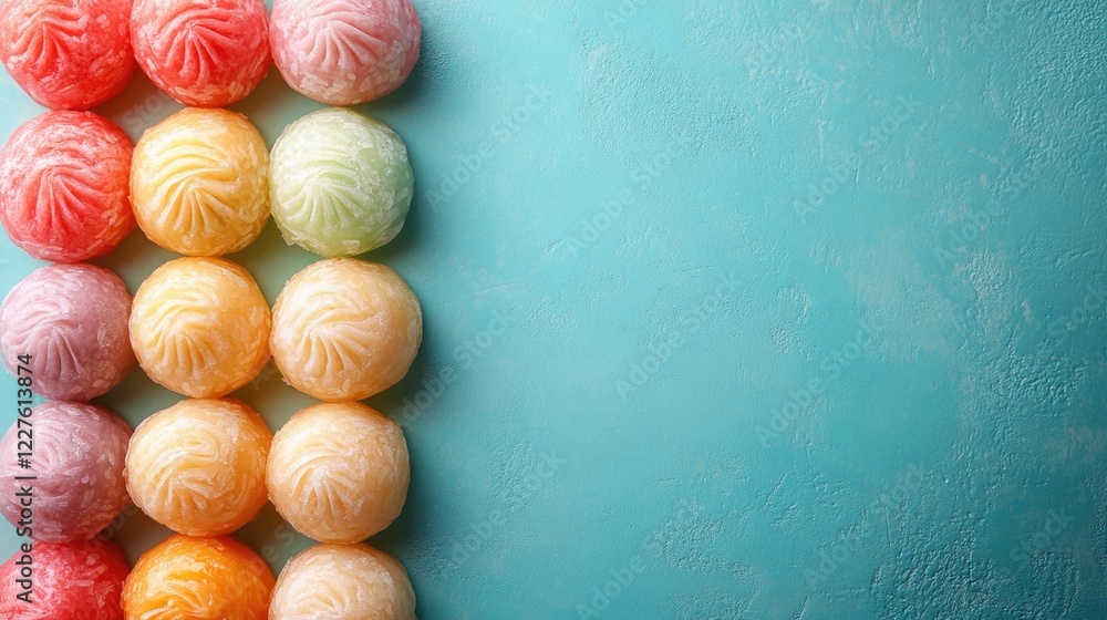 Aufkleber colorful sticky rice dumplings arranged on a gradient turquoise background with empty space for text
