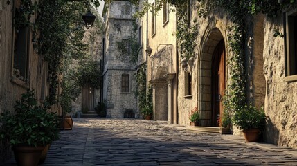 Fototapeta premium Charming cobblestone street in an old European city showcasing historical architecture and lush greenery along tranquil pathways