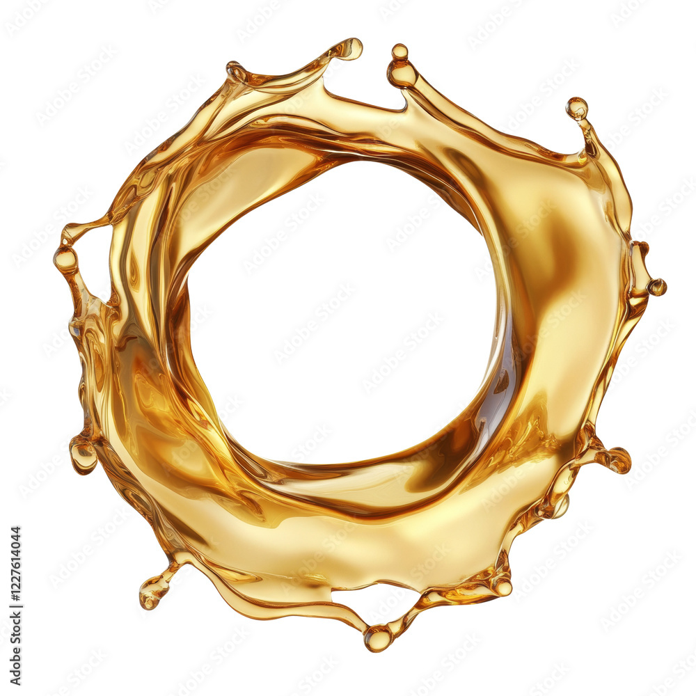 Poster a digitally rendered image showcases a vibrant golden liquid forming a perfect circular splash again