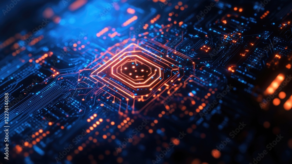 Poster futuristic ai cybersecurity technology background with circuit board design and dynamic blue and ora