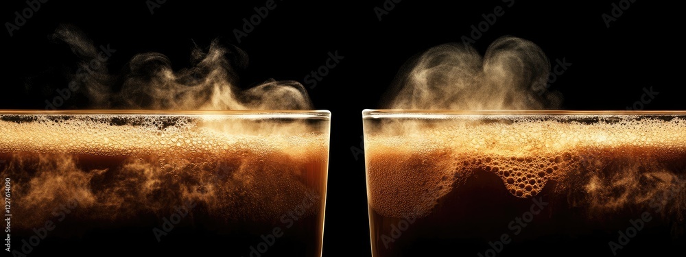Poster steam rising from freshly brewed double espresso in clear glasses with dark background and empty spa