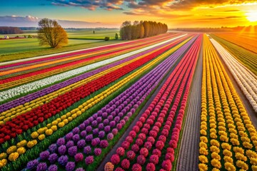 Aerial View of Vibrant Exotic Tulip Fields in the Netherlands