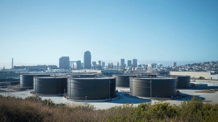Industrial oil refinery landscape featuring large storage tanks and urban skyline under clear blue sky with ample empty space for text