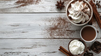 Cozy hot cocoa with whipped cream and cocoa powder on rustic wooden surface perfect for winter themes and seasonal beverages.