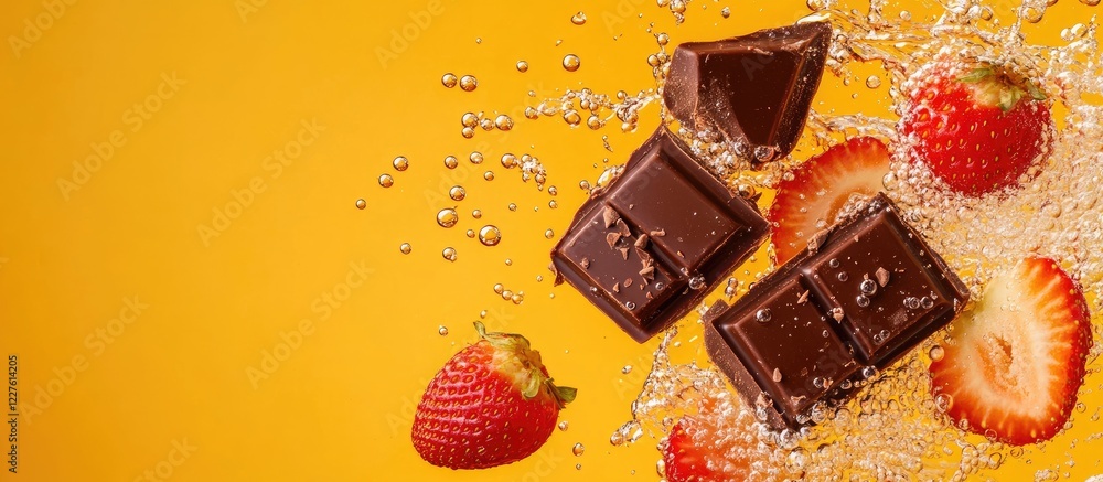 Poster chocolate and strawberry slices splashing in water on bright orange background with bubbles and copy