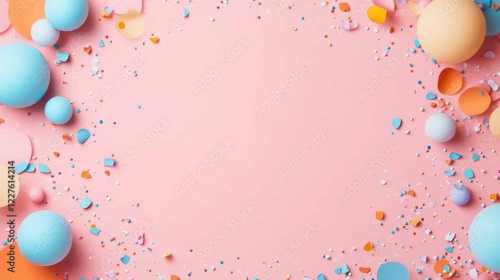 Aufkleber colorful confetti and paper decorations on a pink background creating a festive atmosphere with spac