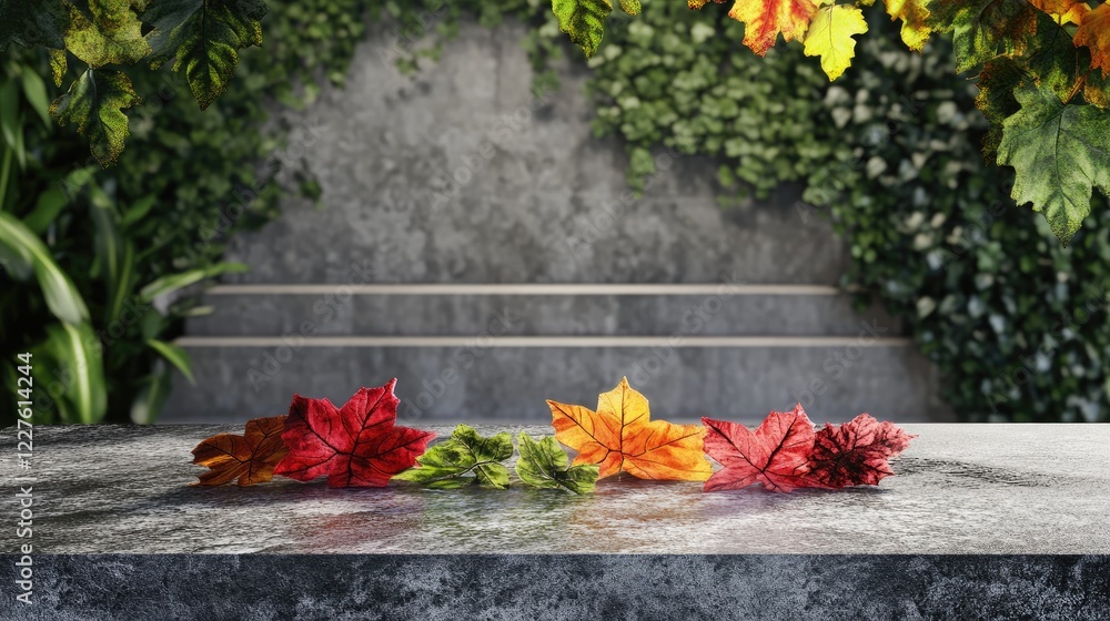 Aufkleber modern mockup frame featuring colorful autumn leaves on a textured stone table with lush greenery an