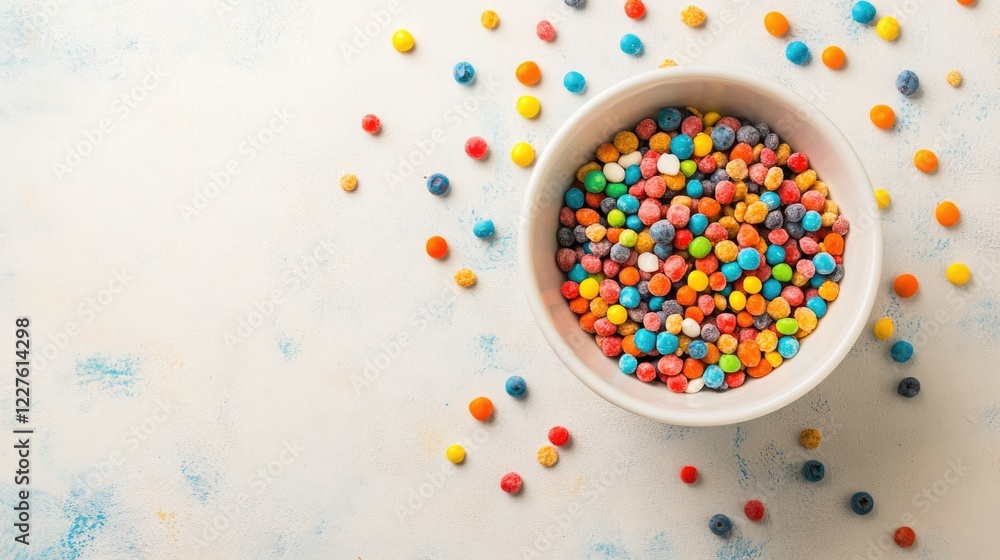 Aufkleber bowl of colorful cereal scattered around on a light background with ample copy space for text health
