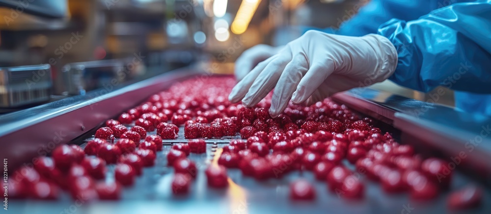 Poster industrial worker in cleanroom assembling control panel surrounded by vibrant red components in a mo