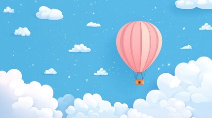 Fototapeta premium Hot air balloon soaring in a bright blue sky surrounded by fluffy white clouds whimsical soft wallpaper design