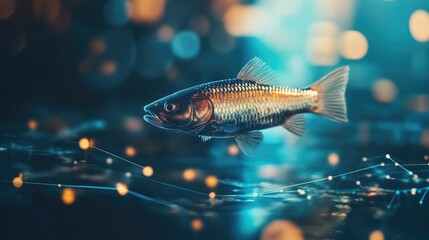 Fototapeta premium Business Innovation and Growth Concept with Fish Swimming in Data Network Overlay and Holographic Effect Ideal for Technology and Economy Themes