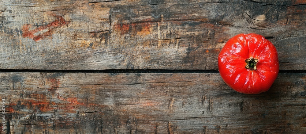 Poster gutted ripe red tomatoes on a rustic wooden plank background with ample empty space for text and des