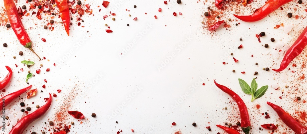 Poster border background of assorted hot chili peppers and spices with empty copy space for text ideal for 