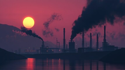 Industrial skyline at sunset with smoke emissions reflecting on water creating a dramatic environmental scene